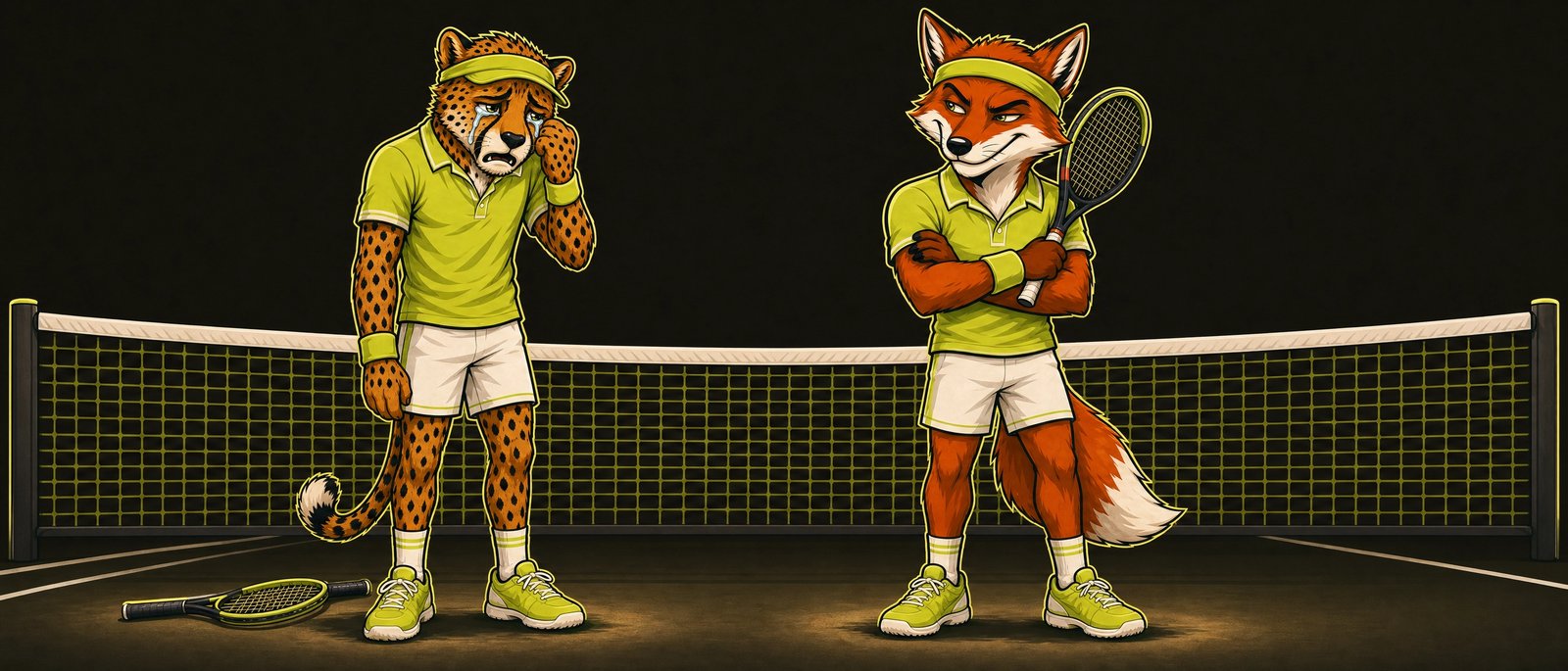 A crying cheetah and a smug fox at the net after a match